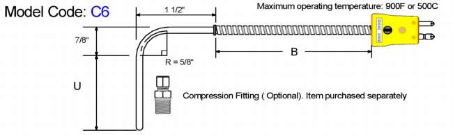 Metric General Purpose Thermocouple-90 Bend Diagram
