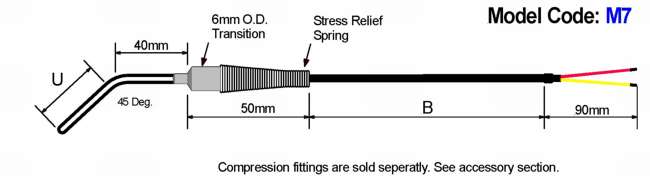 Metric General Purpose Thermocouple: 45 Deg. Bend Diagram